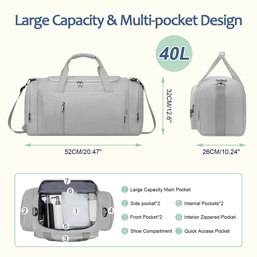40L Duffle Bag for Men & Women with Shoe Compartment & Wet Pocket, 3 in 1 Convertible Waterproof Sports Gym Bag & Travel Backpack, Weekender Overnight Bag,Carry on Weekender Bags for Men,Gray