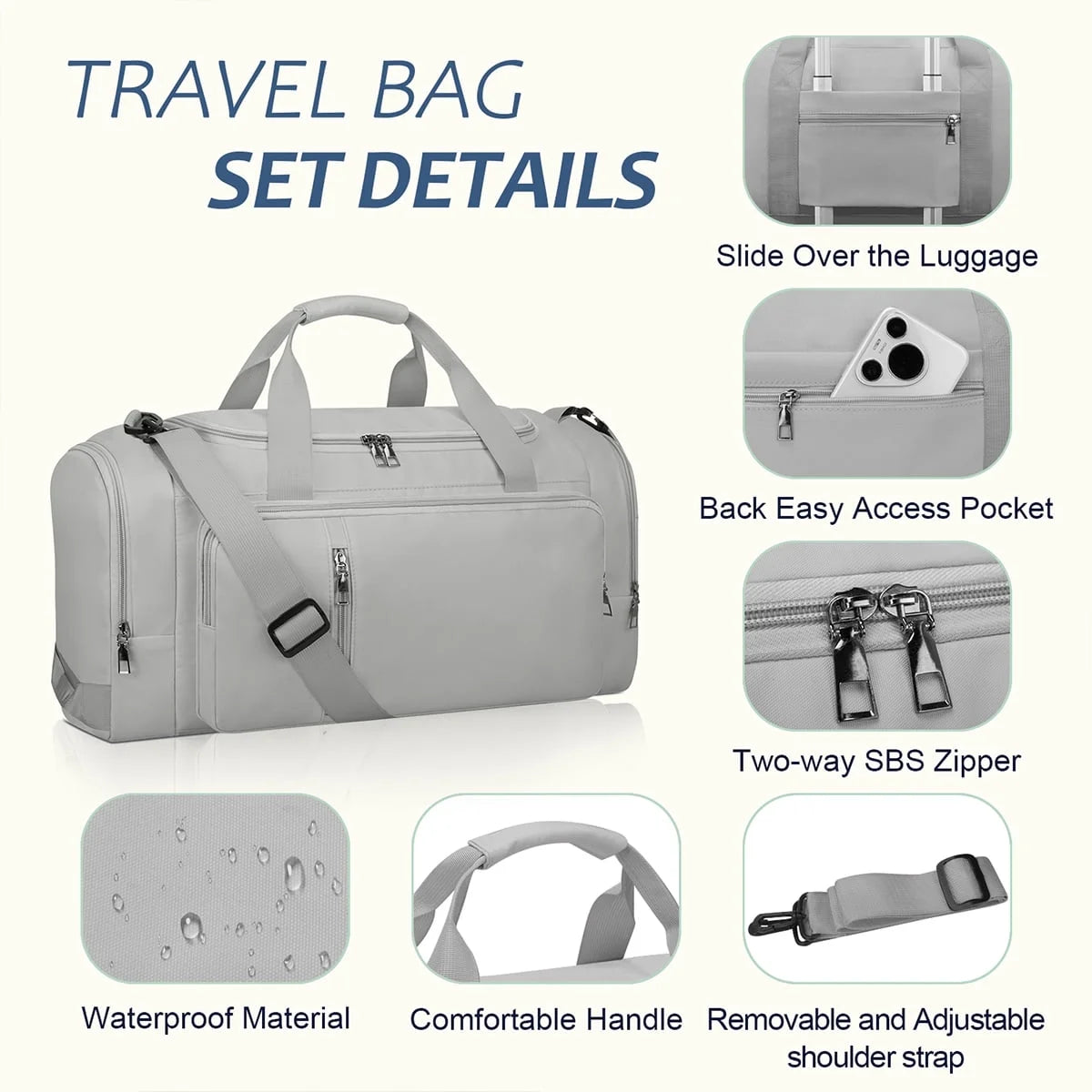 40L Duffle Bag for Men & Women with Shoe Compartment & Wet Pocket, 3 in 1 Convertible Waterproof Sports Gym Bag & Travel Backpack, Weekender Overnight Bag,Carry on Weekender Bags for Men,Gray