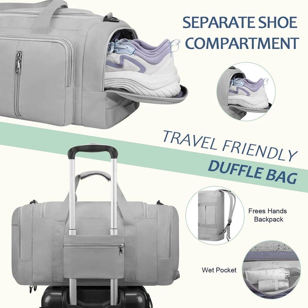 40L Duffle Bag for Men & Women with Shoe Compartment & Wet Pocket, 3 in 1 Convertible Waterproof Sports Gym Bag & Travel Backpack, Weekender Overnight Bag,Carry on Weekender Bags for Men,Gray