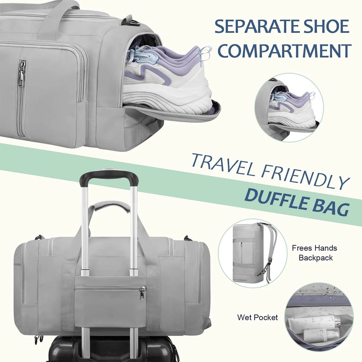 40L Duffle Bag for Men & Women with Shoe Compartment & Wet Pocket, 3 in 1 Convertible Waterproof Sports Gym Bag & Travel Backpack, Weekender Overnight Bag,Carry on Weekender Bags for Men,Gray