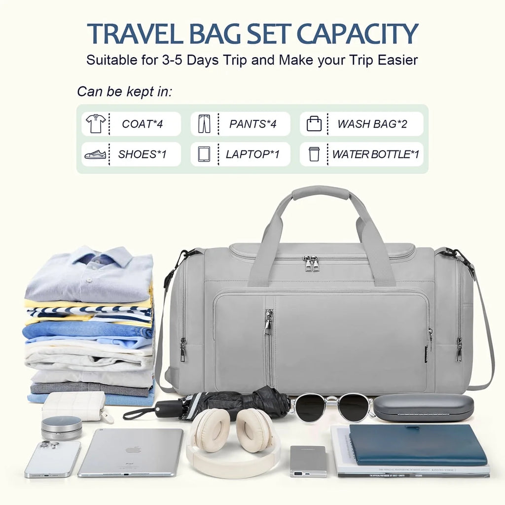 40L Duffle Bag for Men & Women with Shoe Compartment & Wet Pocket, 3 in 1 Convertible Waterproof Sports Gym Bag & Travel Backpack, Weekender Overnight Bag,Carry on Weekender Bags for Men,Gray