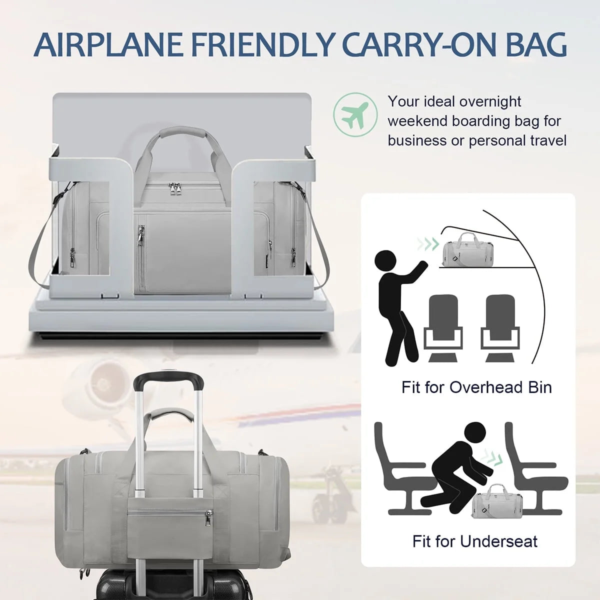 40L Duffle Bag for Men & Women with Shoe Compartment & Wet Pocket, 3 in 1 Convertible Waterproof Sports Gym Bag & Travel Backpack, Weekender Overnight Bag,Carry on Weekender Bags for Men,Gray